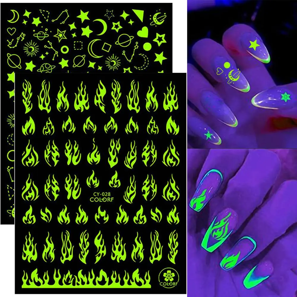 1/6PCS Decor Rose Butterfly Star Nail Art Glitter Decal Luminous Effect Nail Stickers Flame