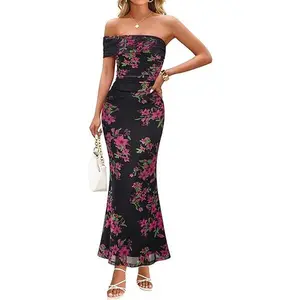 MEROKEETY Women's Floral Maxi Dress 2026 Summer Off Shoulder Ruched Mesh Bodycon Cocktail Wedding Guest Party Dresses