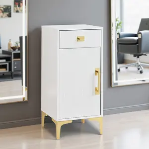 White Fluted Salon Cabinet - Barber Station with Golden Handle for Salon Organization 2027