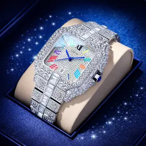 Men’s 42mm Iced Out Silver Square Shape Hip Hop Watch, Waterproof Quartz Movement, Stainless Steel Strap, Color Dial, Bling Fashion Wristwatch Gift for Him