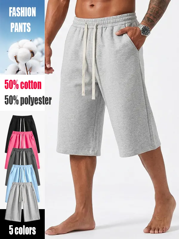 Men's Solid Cotton Blend Shorts, Casual Loose-fit with Adjustable Drawstring Waist, Sport-ready with Pockets for Summer