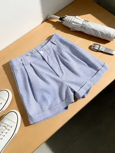 A fashionable new style of women's minimalist blue and white vertical striped shorts with pleated waist and versatile slimming effect, suitable for summer, home, indoor, and outdoor wear