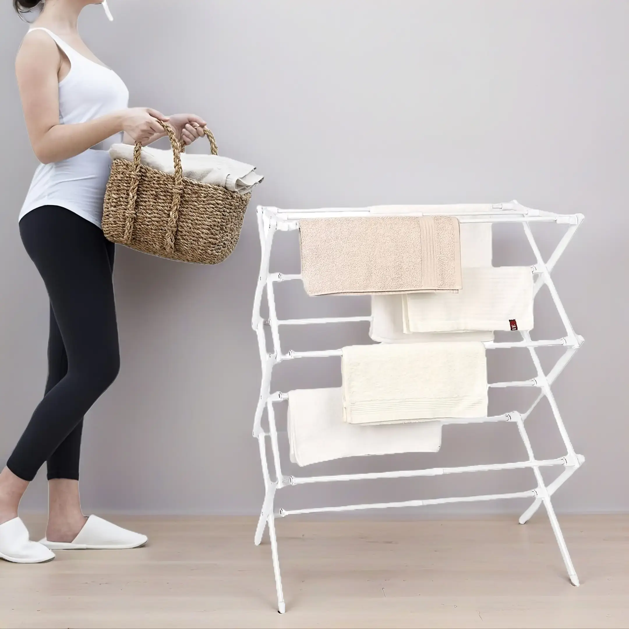 1× White Foldable Portable Steel Frame Clothes Drying Rack - Larger Single Unit, Eco-Friendly Lightweight Rust-Resistant, Fits Bath Towels & Laundry Linens, 14.5" d x 29.5" w x 41.8" h, 32 lbs Capacity, for Backyard, Balcony Home Use