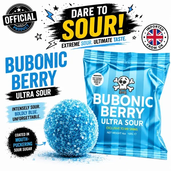 Mr. Simms Sweet Shoppe: Bubonic Berry Ultra Sour blue (100g) Imported candy from England 