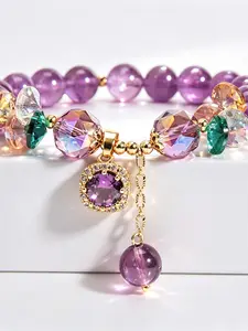 Classic Amethyst Beaded Bracelet with Cubic Zirconia, Uncoated Fashion Jewelry for Women, Perfect Gift for All Seasons