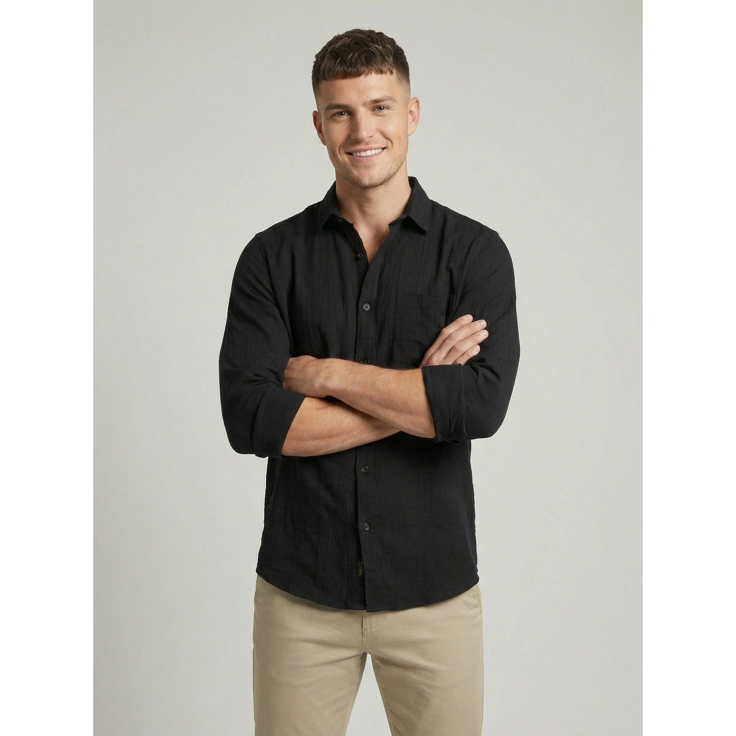 Men's Black Textured Long Sleeve Button-Down Casual Shirt - Premium Slim Fit - TikTok Shop Men's Black Textured Long Sleeve Button-Down Casual Shirt - Premium Slim Fit - TikTok Shop