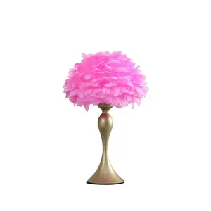 YYDS 18.25"In Hot Pink Feather Aquina Satin Gold Metal Contour Glam Table Lamp