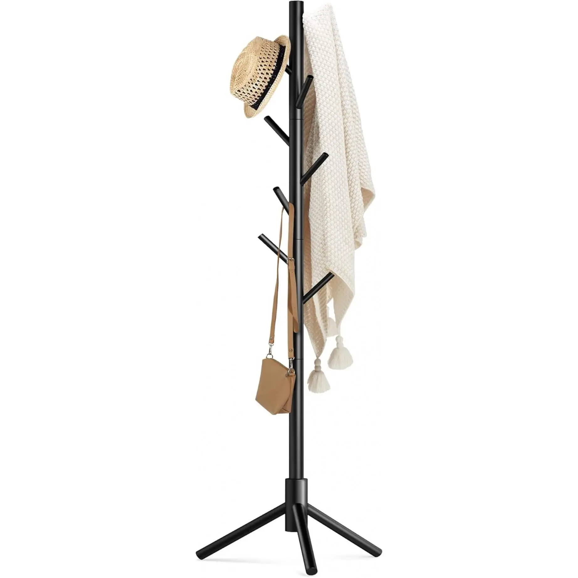 Wooden Coat Rack Stand with 8 Hooks New Zealand Pine 3 Adjustable Coat Standing Tree Easy Assembly for Coats, Hats, Scarves and Handbags for Entryway, Hallway, Bedroom, Office