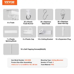 VEVOR Ceiling Curtain Track Set, 9.9 FT/3Meter, Self Adhesive, No Drill Ceiling Track System for Curtains, Room Divider Curtain Track Ceiling Mountedfor Living Room with Hooks and Hardware, White
