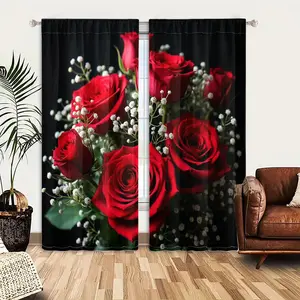 2pcs Window Curtains, A vibrant bouquet of deep red roses and delicate white baby's breath, beautifully contrasting against a stark black background.Window Drapes for Bedroom Living Room, Rod Pocket Window Treatment, Home Decoration Curtain