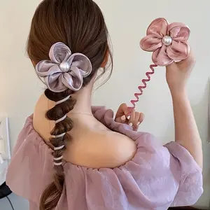 Summer Breeze, Elegant Floral Spiral Hair Tie - Vintage-Inspired Fabric Ponytail Holder with Faux Pearl Accent, Chic Hair Accessory for Women and Girls