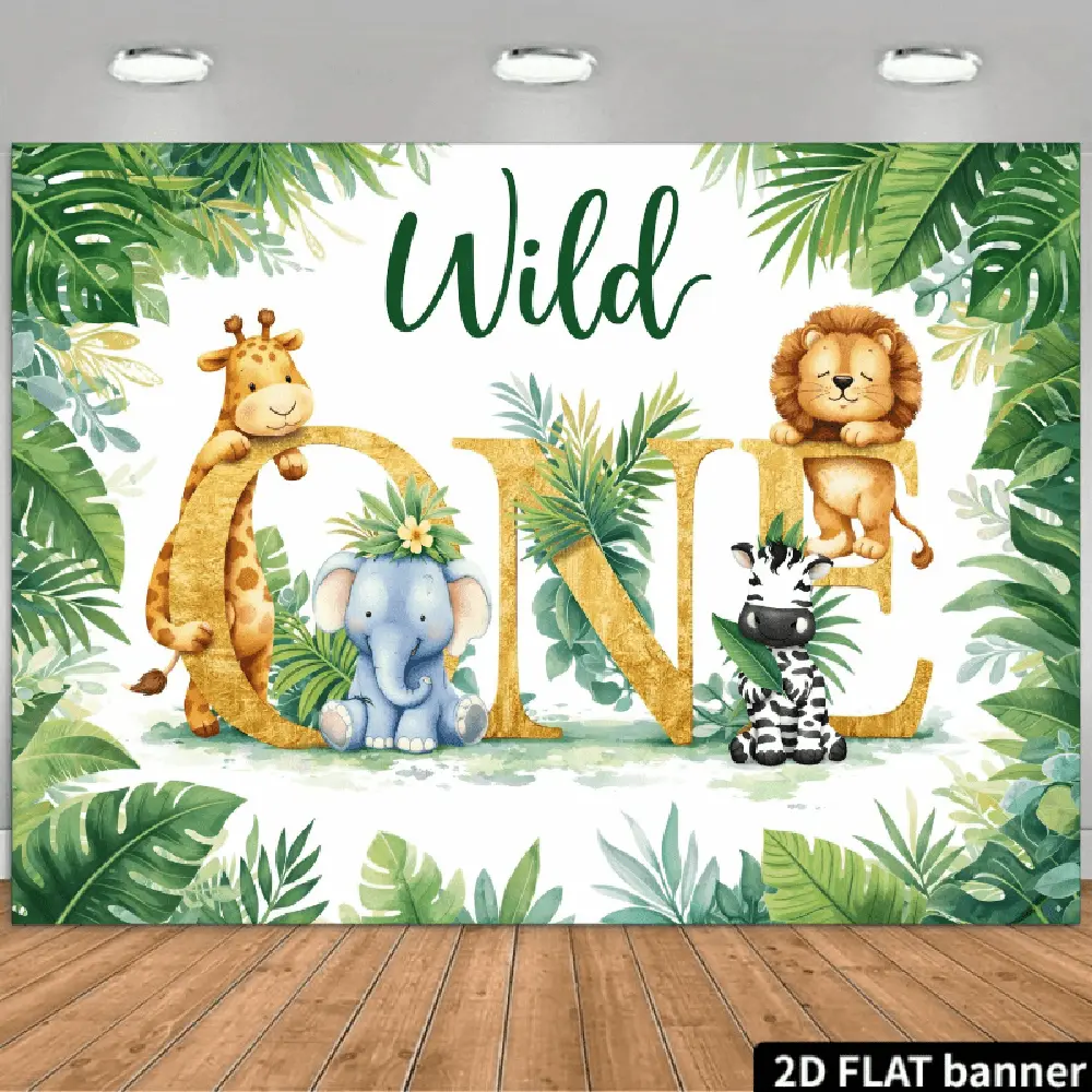 2D Flat Banner Polyester Photography Backdrop, HD Digitally Printed Jungle Safari Animals Wild One First Birthday Theme Background Cloth, Soft Lightweight Foldable Photo Booth Banner for Birthday Party Decorations, Event Photograp