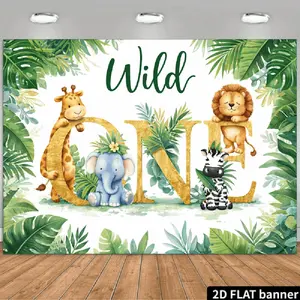 2D Flat Banner Polyester Photography Backdrop, HD Digitally Printed Jungle Safari Animals Wild One First Birthday Theme Background Cloth, Soft Lightweight Foldable Photo Booth Banner for Birthday Party Decorations, Event Photograp