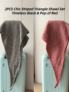 2pcs Chic Striped Triangle Shawl Set, Classic & Bold, French Aesthetic Knit Scarf, Perfect for Date Nights & Daily Wear