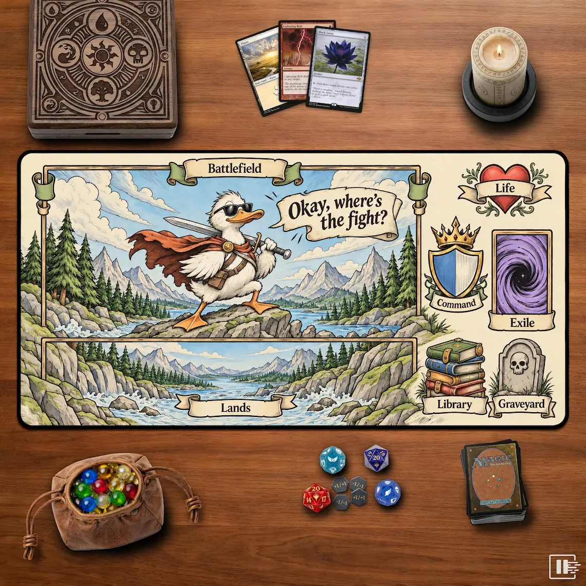 Heroic Duck MTG Playmat Magic The Gathering TCG Mat with Zones Funny Duck Commander Card Game Desk Mat Fantasy Tabletop Gamer Gift