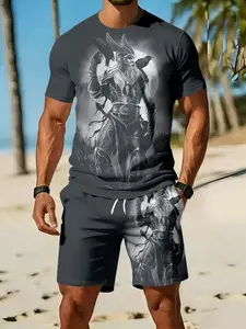 Viking Warrior Men's 3D Digital Printed Two-piece Set, 2Pcs, Trendy Fashion Outfit, Retro Casual Two-piece Suit, Vacation-style Tropical Trendy Wear, Breathable Sports & Casual Style, an ideal holiday gift for men
