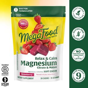 MegaFood Relax + Calm Magnesium Complex with Magnesium Citrate & Malate for Heart Health, Muscle Tension & More – Doctor Formulated - Vegetarian – Strawberry Flavor - 30 Individually Wrapped Soft Chews