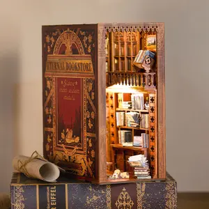 Eternal Bookstore DIY Book Nook Kit with Touch Light Vintage Miniature Bookshelf Insert Wooden Library Diorama Gift for Book Lovers