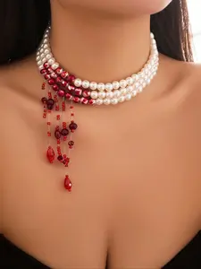 Vintage Punk Gothic Style Crystal Blood Drop Tassel Necklace, Crystal Pendant, Layered Pearl Beaded Chain, Women's Party Jewelry Gift, Statement Necklace