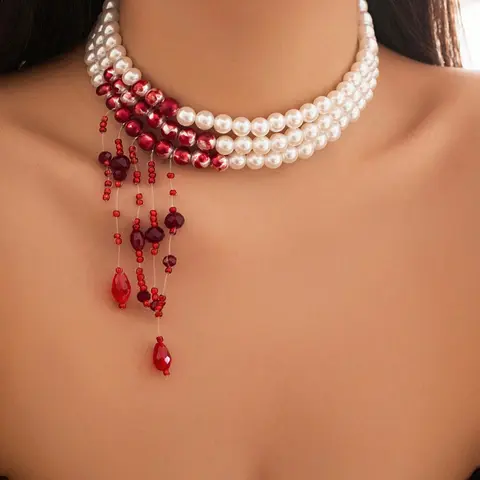 Vintage Punk Gothic Style Blood-Drip Tassel Layered Necklace, Faux Pearl Beaded Design, Women's Party Jewelry, Unique Statement Accessory, Ideal Gift for Her
