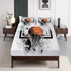 Basketball Bedding Set 3-Piece (fitted Sheet + 2 Pillowcases), Soft Breathable Digital Print, Ideal for Living Room Bedroom Study Party Decor
