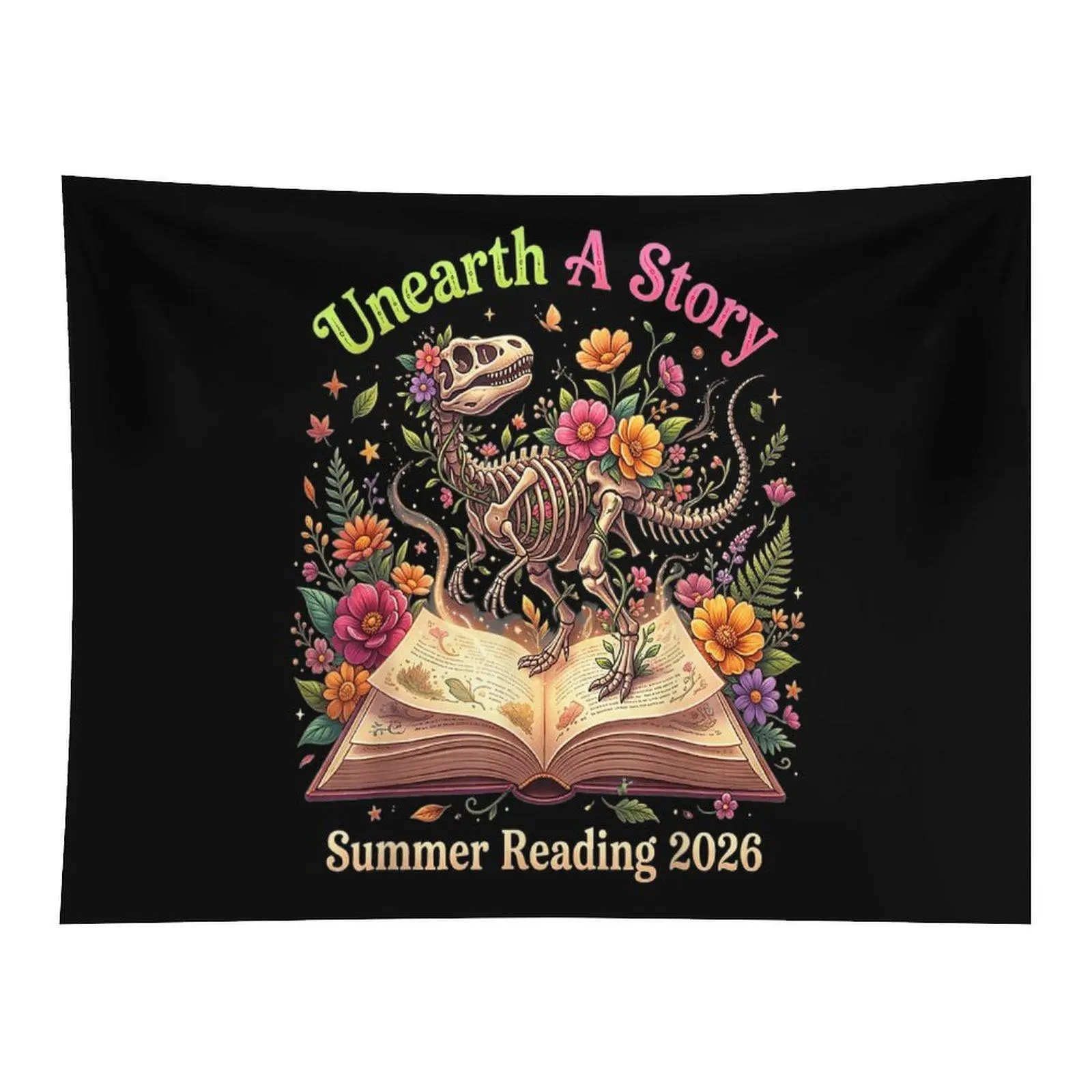 Black Background Unearth A Story Floral Dinosaur Skeleton Open Book Summer Reading 2026 Wall Tapestry For Library Book Nook Decor