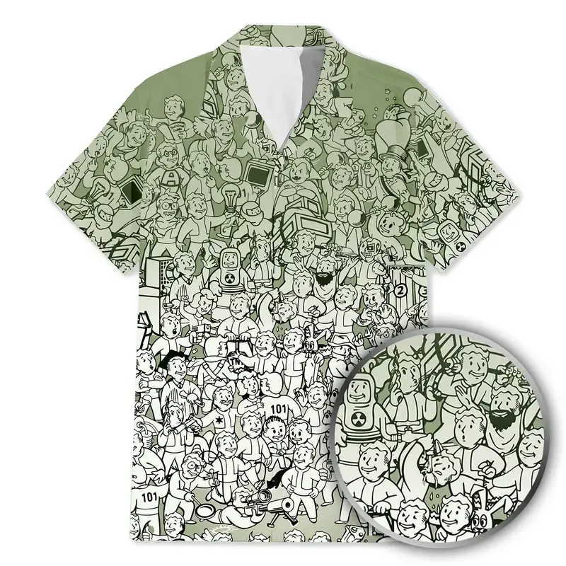 Fallout Nuclear doodle Summer_ Hawaiian Shirt, Hawaiian Aloha Shirts, Summer Gift for Him, Vintage Hawaii Beach Shirt, Aloha Shirt,greatwave Shirt