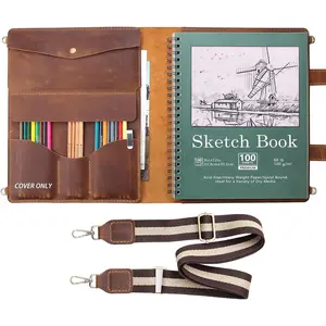 Leather Sketchbook Cover, Artist Sketch Pad Holder for 9"X12" Sketchbook, Drawing Book and Pencil Case, Journal Notebook Portfolio with  Strap, Artist Gifts, Brown