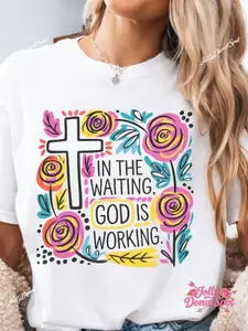 "In The Waiting God Is Working" Christian T-Shirt - Bible Verse Religious Tee 100% Cotton Comfort Colors Top with Durable Faith Apparel Short Sleeve Casual Shirt for Church Christmas Gift for Dad Husband Pastor