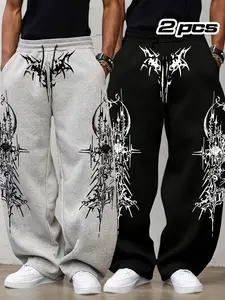 Men's Irregular Pattern Print Loose Drawstring Sports Pants, Adjustable Waist, Outdoor Fitness Long Pants, Casual Straight Leg, Casual Sweatpants, Athleisure Style Bottoms