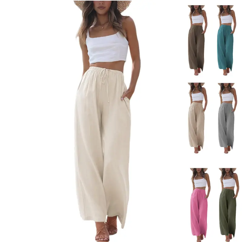 SCUSTY Women's Summer Cotton Linen Wide Leg Pants Drawstring High Waist Palazzo Flowy Beach Trousers with Pockets