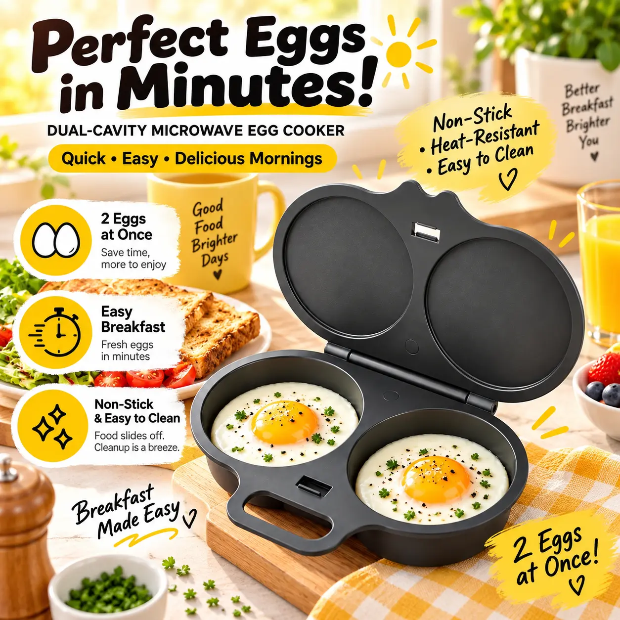 Dual Cavity Microwave Egg Cooker, make 2 eggs at once in minutes. Non-stick & heat-resistant, easy to clean. Perfect quick breakfast gadget for busy mornings.