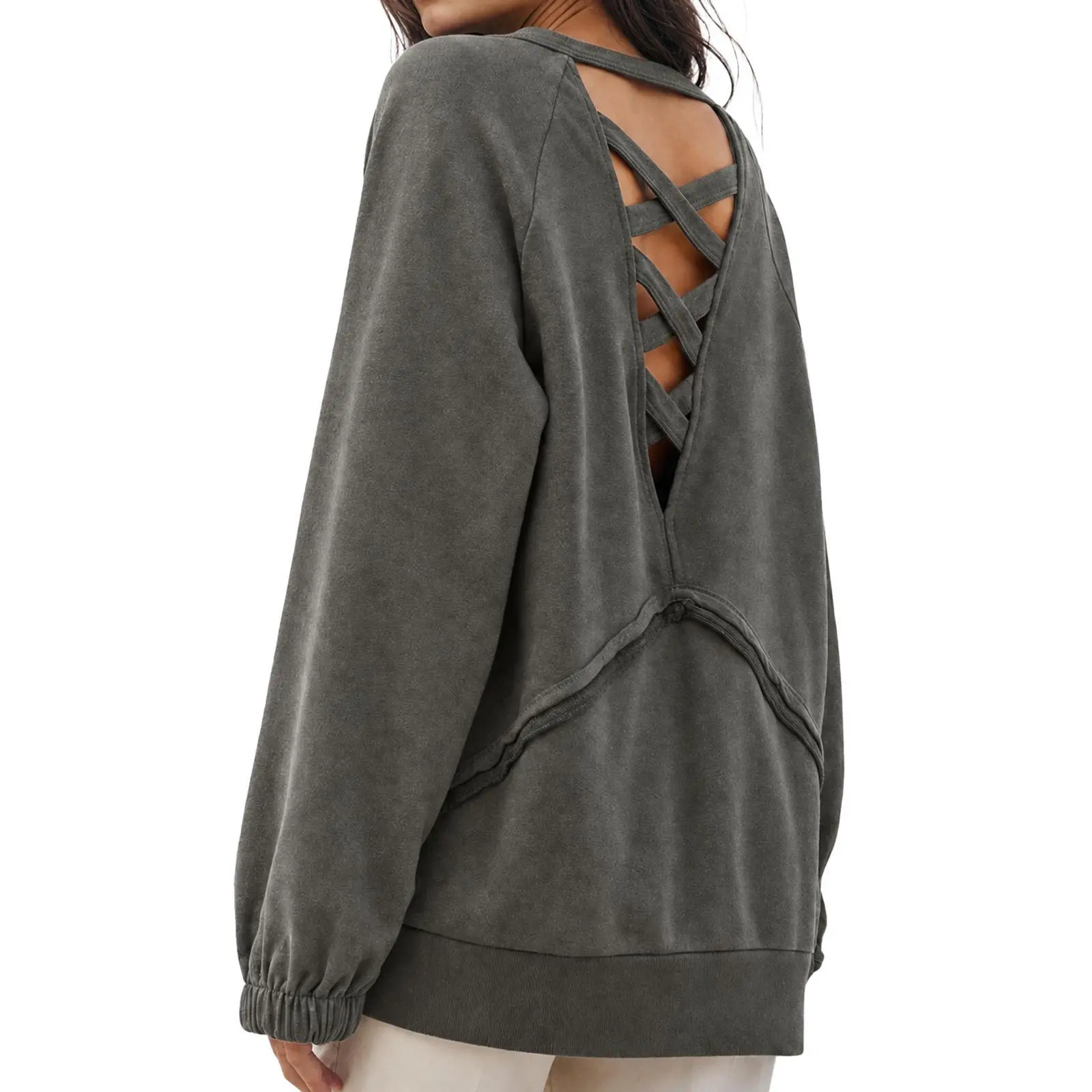 Imily Bela Vintage Washed Criss Cross Back Cutout Sweatshirt Women Loose Long Sleeve Side Split Pullover