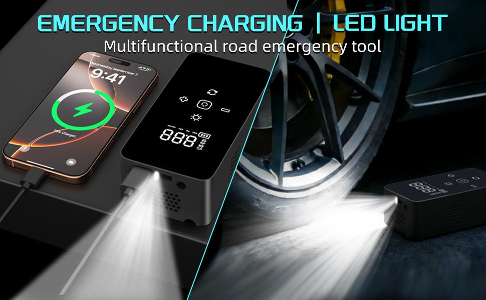 Multifunctional Tire Inflator Portable Air Compressor 150PSI Cordless, Dual Power Battery and Car Plug, Auto Shut Off, Digital Display, LED Light with Accessories for Cars, Bikes, Balls
