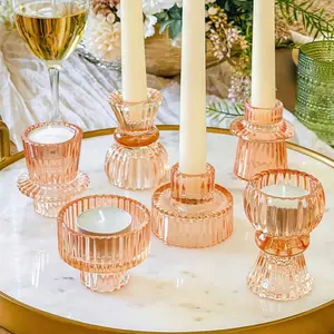 Glass Taper Candle Holder Set of 6 - Rose Gold Ribbed Vintage Candlestick Votive Pillar Decorative Centerpiece for Dining Table Shelf Decor