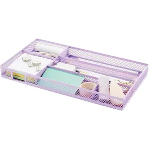 Desk Drawer Organizer/Storage Tray - Metal Mesh with Dividers for Pens, Desktop Accessories, Bathroom, Kitchen, Makeup and Office Supplies (Small, Light Purple)