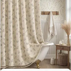 1pc Linen Slub Flax Fabric Shower Curtain - Printed, Fringed, Waterproof, Mold-Resistant, Anti-Leak Bathroom Partition Curtain for Garden, Flower & Geometric Designs