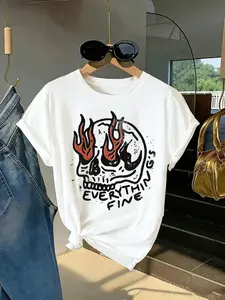 Flame Skull T-Shirt, American Vintage & Y2K Style, Loose-Fitting Casual Tee, Handwritten 'everything Fine' Print Design, Vibe