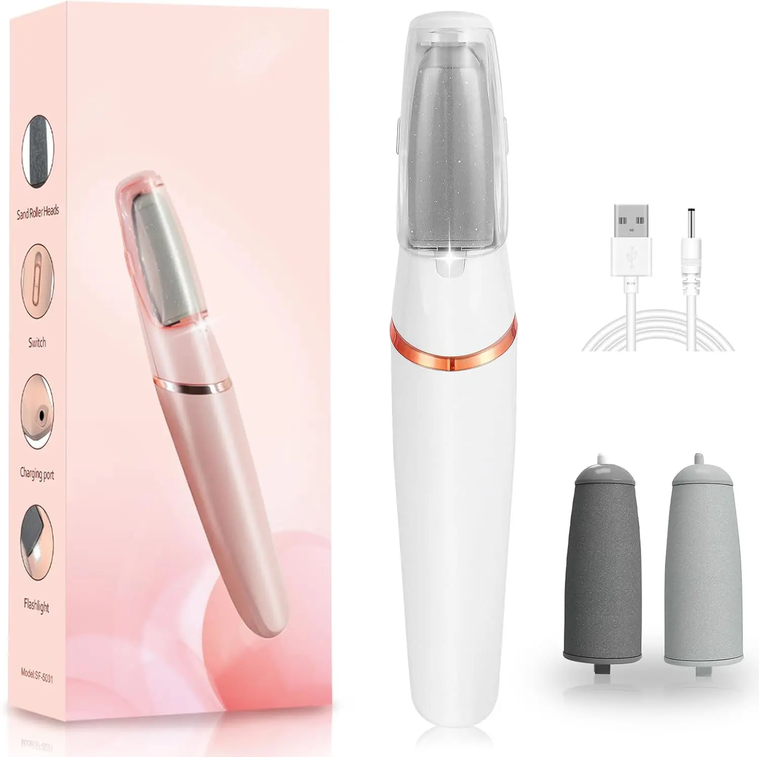 Rechargeable Portable Electric Foot Smoother with Waterproof Roller Head - Smooth, Lightweight Pedicure Care Tool for Rough Dry Skin & Cracked Heel Concerns, Ideal Gift for Daily Foot Care,  Care Callus Shaver For Feet White.