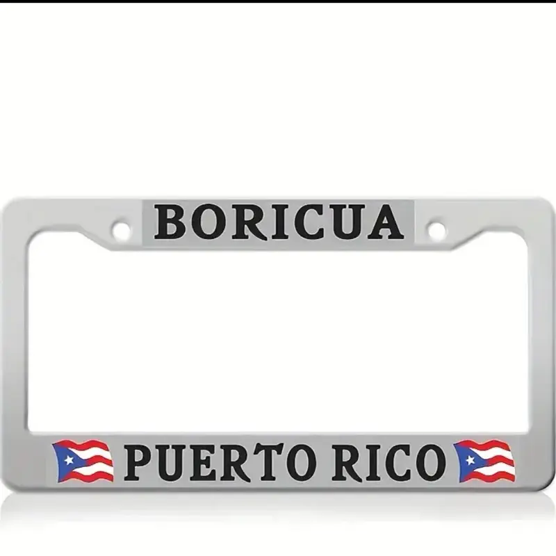 Boricua License Plate Frame Chrome with Screw Cap Vinyl Sticker for North US Puerto Rico Auto Tag Holder Chrome Finish