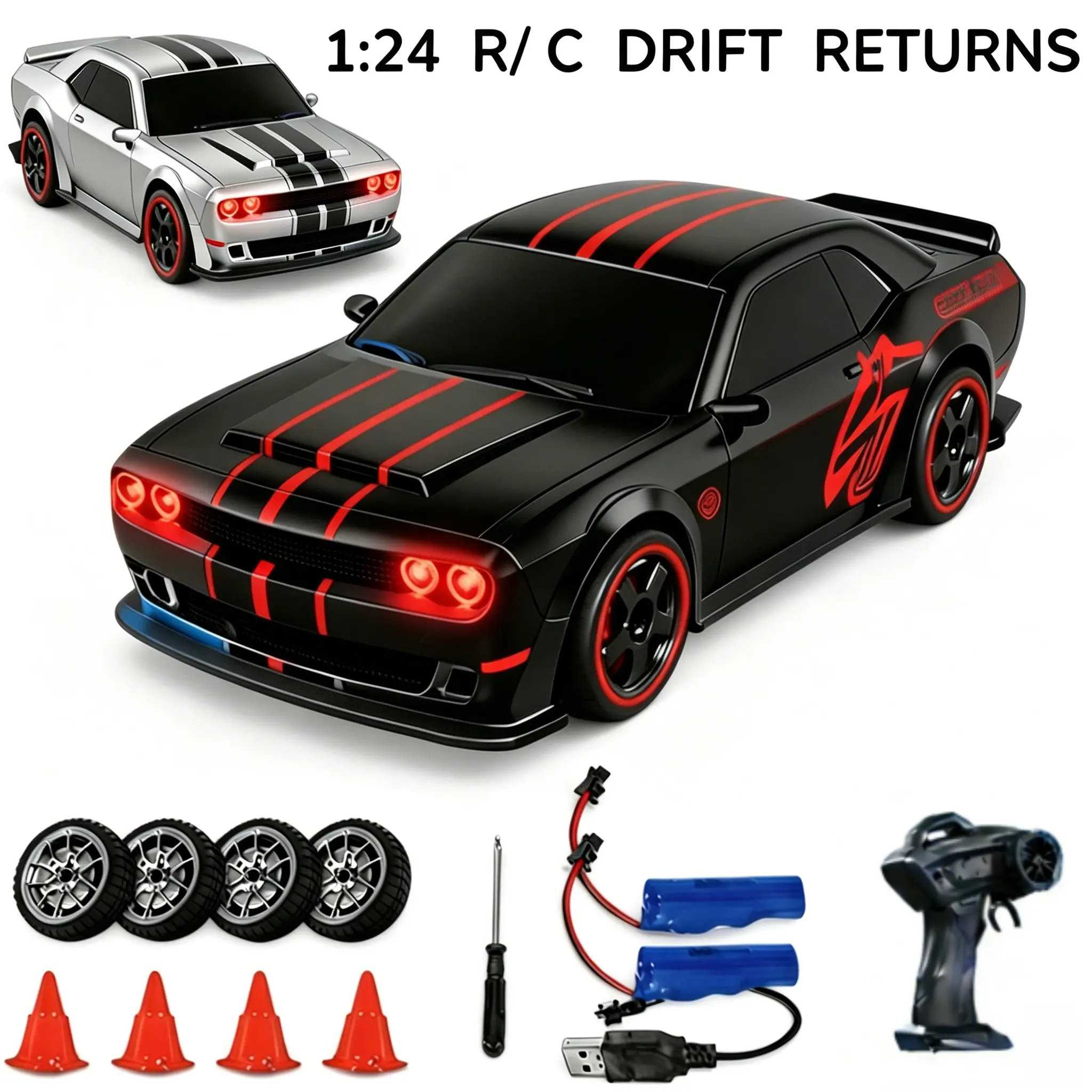 Dodge Hellcat 4WD RC Stunt Drift Car - High-Speed Electric RC Model Car with LED Lights, Boy Kid Toys for Indoor & Outdoor Play, Birthday Present & Cool Teenage Boy Gifts