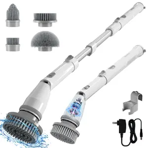 OPODEE Electric Spin Scrubber, Shower Scrubber with Long Handle, Adjustable Extension Arm, 4 Replaceable Heads, 3 Angles, 2 Rotating Speeds, Spin Brush for Cleaning Bathroom Tile Tub Floor