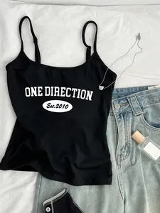 Women's One Direction Print Cami Top, Casual Fitted Sleeveless Adjustable Strap Top for Daily Wear, Ladies Clothes for All Seasons