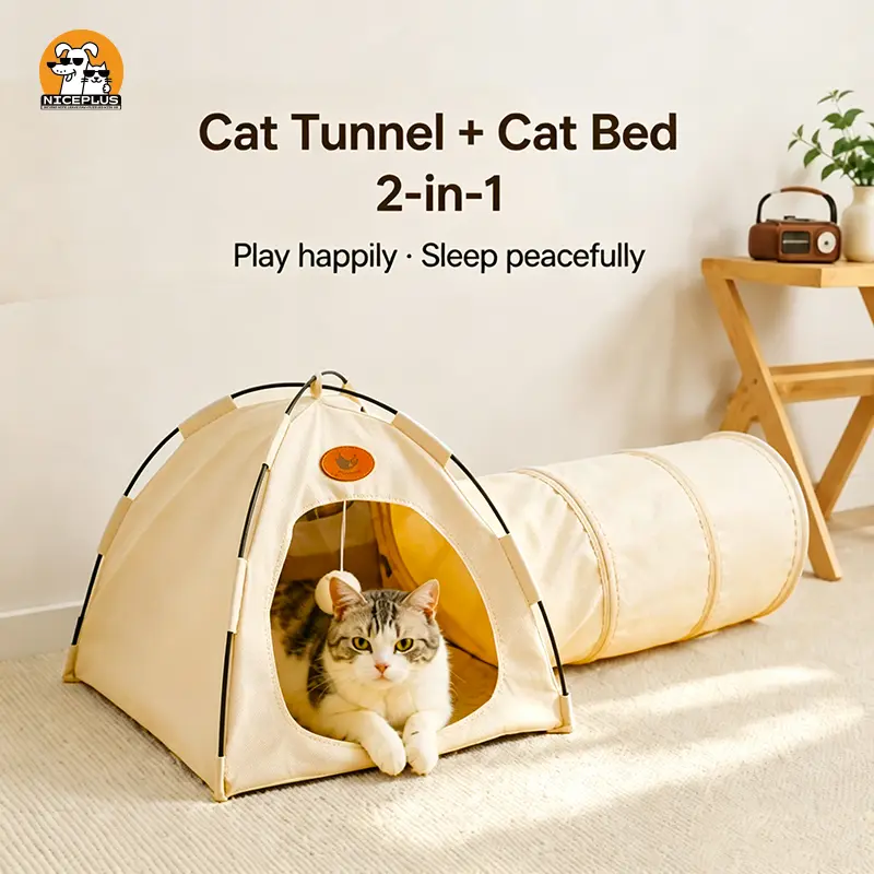 NICEPLUS Foldable Pet Tent with Mat & Tunnel,Pet House,Cute Cat Tent,Indoor/Outdoor Cat House,Pet Bed,Cat Bed,Summer,Breathable w/Cooling Pad,Washable,Pet Room for Cats,Puppies & Small Dogs,Perfect Nest for Pets,All-Season Portable Bedding