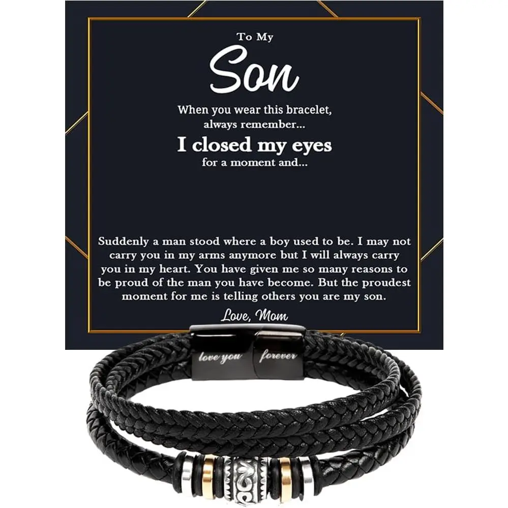 To My Son Braided Leather Bracelet with Stainless Steel Beads – Inspirational Gift from Parents with Message Card, Meaningful Birthday, Graduation, or Christmas Present for Son, Encouraging Jewelry for Boys & Young Men