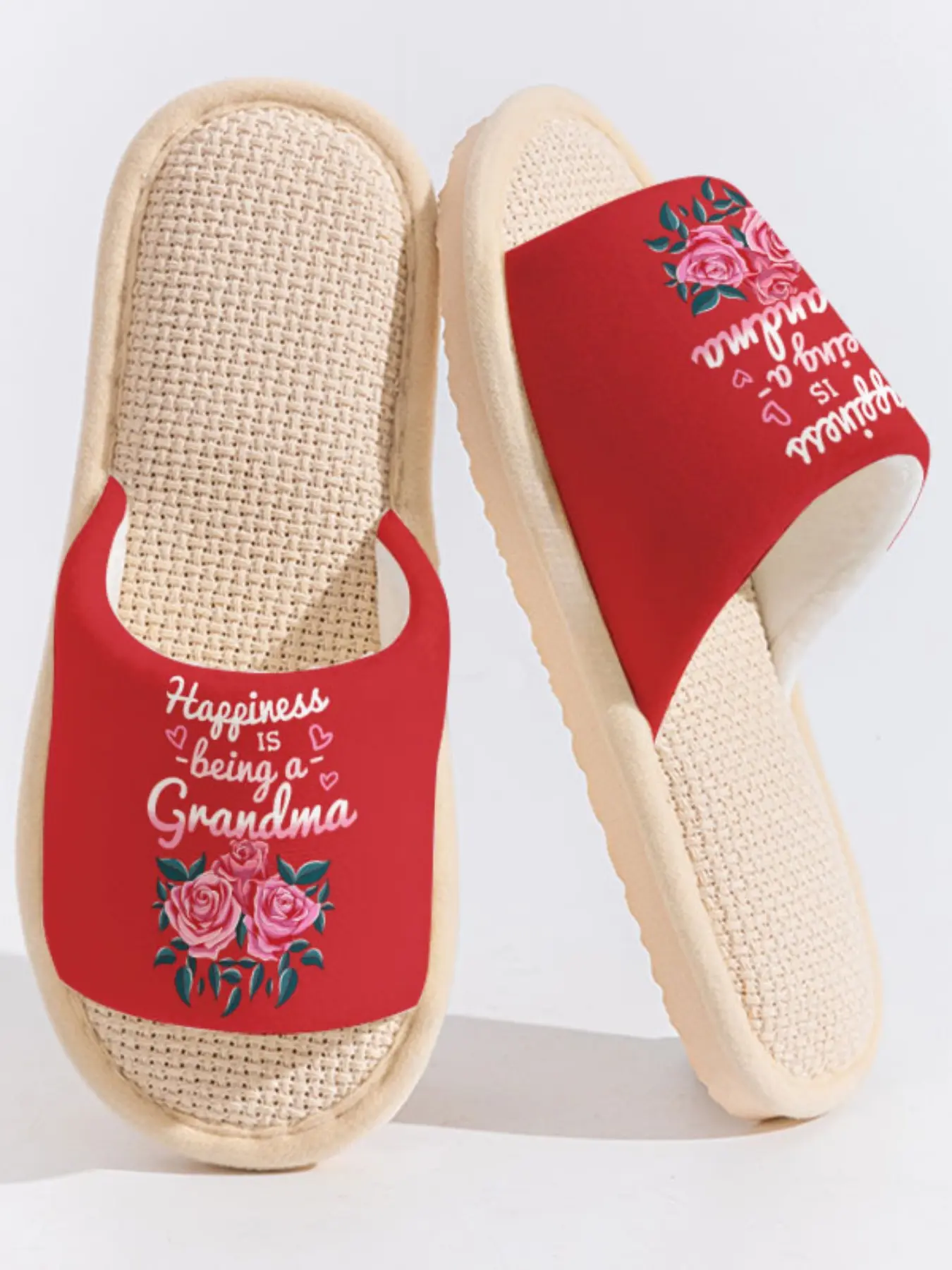 “Happiness is being a Grandma” Rose Print Slippers Cloud-Feeling Warm & Loving Style Indoor Outdoor For Grandmas & Family Enthusiasts