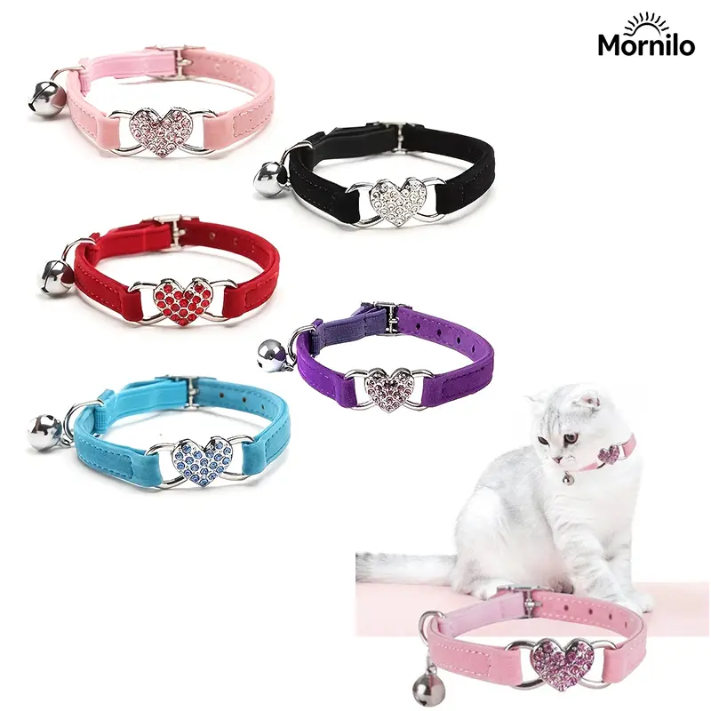 2pcs/1pc Luxury Plush Flocked Cat Collar with Sparkling Heart Charm, Bling Rhinestone Bell Kitten Collar, Soft Adjustable Pet Collar for Cats & Kittens, Cute Aesthetic Kitty Necklace, Princess Pet Collar for Everyday Wear, Weddings, Parties, Holiday Gifts