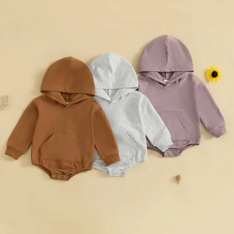 Unisex Baby Hooded Romper, Long Sleeve Solid Color Bodysuit with Front Pocket for Newborns, Infant Fall Winter Kids' Fashion Clothes, Onesie, Plain Colors, 0-3M, Solid Fabric, Hoodie, 0 - 3 Months