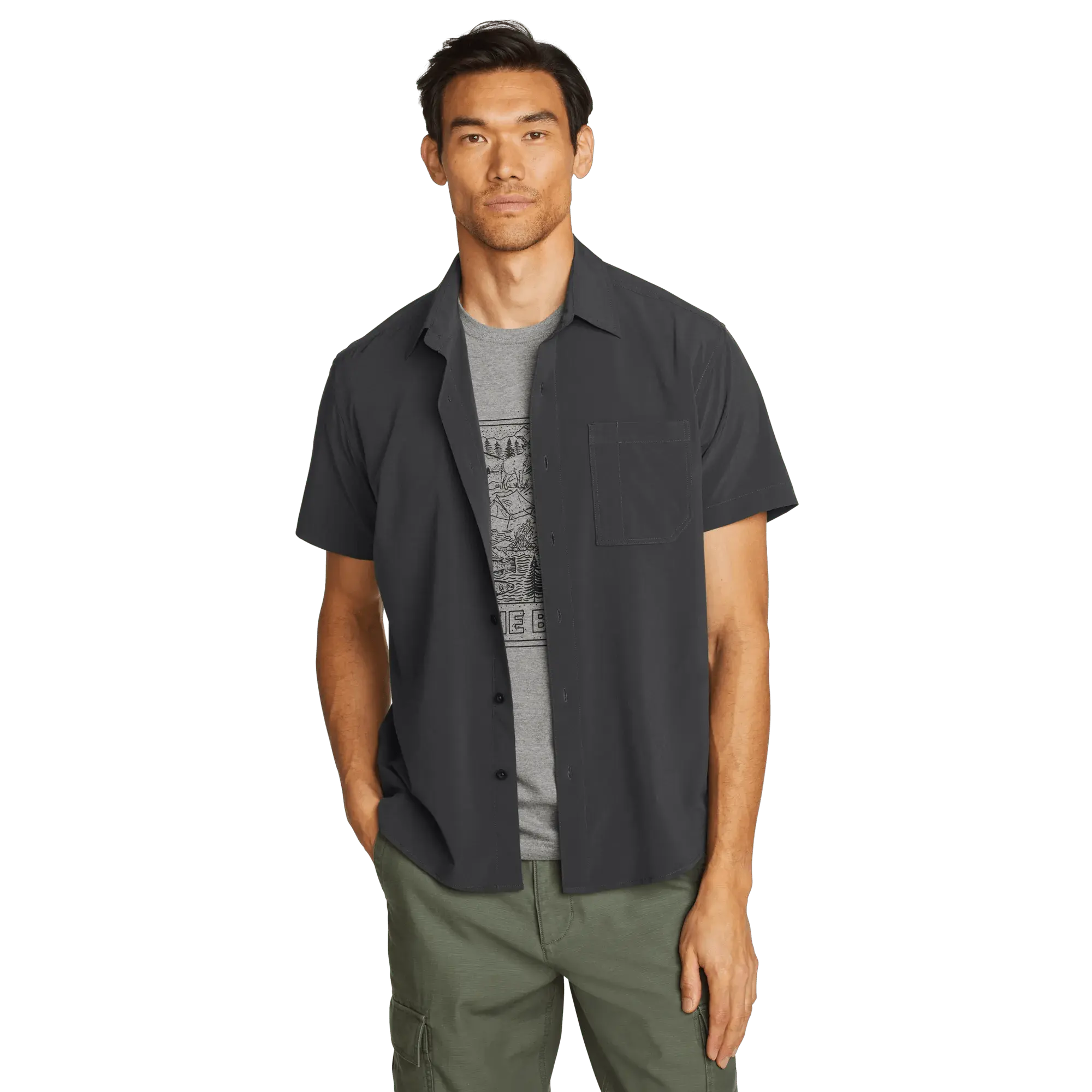Eddie Bauer Men’s Departure One-Pocket Shirt Two-Way Stretch UPF 50+ Moisture-Wicking Quick-Dry Chest Pocket Hiking Travel Everyday