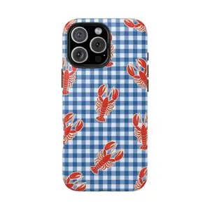 Lobster Gingham Phone Case | Red & Blue Seafood Print | Nautical Summer Style | Tough iPhone Case